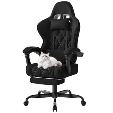 Devoko Cadeira de Gaming Ergonómica de Tecido Respirável com Massagem Lombar e Apoio de Pés Retráctil, Cadeira Gamer Reclinável com Molas Ensacadas e Espuma Viscoelástica, Base Metálica, 150 kg, Preto