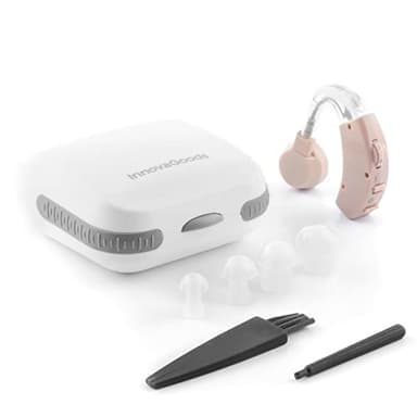 InnovaGoods® Amplificador de som retro-auricular Welzy, volume ajustável, botão de ajuste e controlo, bastonete e escova de limpeza incluídos, ideal para pessoas com problemas auditivos