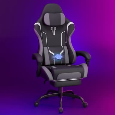 Soontrans Cadeira de jogos com massagem lombar cadeira Gamer com apoio para os pés retrátil e almofada cadeiras Gaming encosto inclinável até 135 graus capacidade de carga de 150 kg (preto e cinzento)