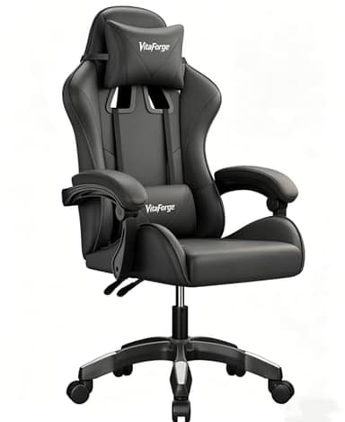 VitaForge Cadeira de jogos cadeira de escritório, cadeira de jogo ergonómica com ajuste de altura, suporte lombar e apoio-cabeças - couro PU, para escritório ou jogo (preto)