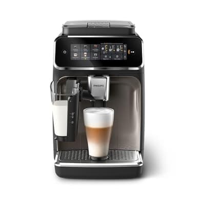 PHILIPS Série 3300 Máquina de café super automática - sistema de leite LatteGo, 6 tipos de café, ecrã táctil, SilentBrew, moinho cerâmico, filtro AquaClean. Cromo preto (EP3347/90)
