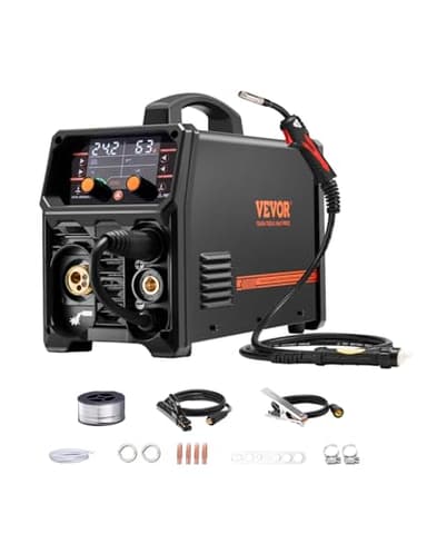 VEVOR Máquina de solda 200 A Sinérgica 5 em 1 MIG a Gás/MIG com núcleo fundente/STICK/LIFT TIG/MIG PLUSE com tecnologia de inversor IGBT e ecrã LCD, 6,1 KVA, 430 x 180 x 320 mm, Preto