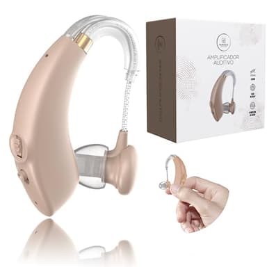 NORTECH INNOVATION® Amplificador Auditivo Recargável de Longa Duração, Amplificador de Som Recargável Sem Fio, Amplificador Auditivo Universal, Mini Aparelho Auditivo para Ouvir Melhor (Bege)