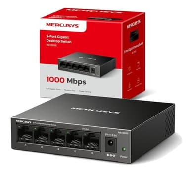 Mercusys MS105GS - Switch Gigabit Ethernet de 5 portas RJ45, capa metálica resistente, plug & play, sem configuração, baixo consumo, silencioso, hub Ethernet, ideal para casa, escritório e Smart TV