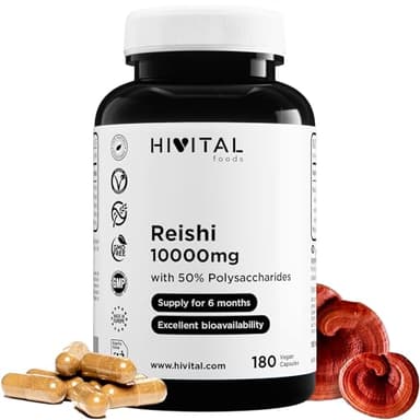 Reishi puro 10000 mg. 180 cápsulas veganas para 6 meses de tratamento. Com 50% polissacarídeos, 10% betaglucanos e 2% triterpenos. Extrato 20:1 da Reishi japonês (Ganoderma Lucidum). De HIVITAL