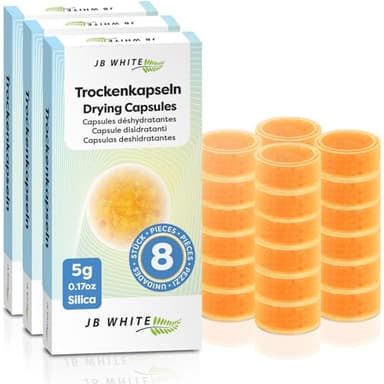 JB White 24 cápsulas dessecantes para aparelhos auditivos e sistemas auditivos, pastilhas desumidificadoras para o cuidado de aparelhos auditivos, cápsulas de secagem (20% mais conteúdo, 5 g)