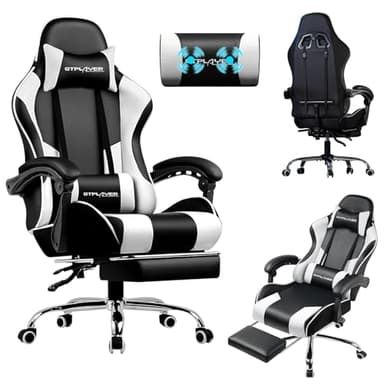 LUCKRACER Cadeira Gaming com Massagem Ergonômica | Apoio para os Pés e Encosto de Cabeça Retráctil | Suporte 150 kg | Escritório e Lar | Cor Branco