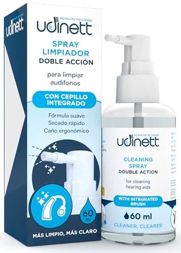 Spray Limpador de aparelhos auditivos Udinett 60 ml com escova integrada - elimina a sujidade e o erume - Higienizante imediato com fórmula sem álcool para limpar auriculares Bluetooth
