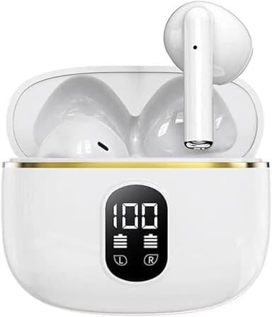 BOXSSROG Auriculares Bluetooth 5.3 sem fios, cancelamento de ruído ambiental através de 4 microfones, ecrã LED, HiFi, estéreo, 42 h, impermeável IP6, desportos, controlo tátil para iOS Android