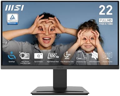 MSI Pro MP223 E2 Monitor profissional Full HD de 21,45", resolução 1920 x 1080, 100 Hz, ecrã agradável à vista, inclinação ajustável, HDMI 1,4b, Display Port 1,2 A, preto