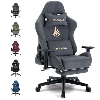 Symino Cadeira de jogos ergonómica reclinável, com apoio para os pés ajustável, suporte lombar e apoio de cabeça regulável, altura ajustável para adultos até 200 kg (camurça artificial, cinzento)