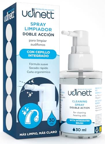 Spray Limpador para aparelhos auditivos Udinett de 30 ml para auriculares e auscultadores Bluetooth - desinfetante rápido sem álcool - limpador em aerossol com escova contra a sujidade e o cerúmen