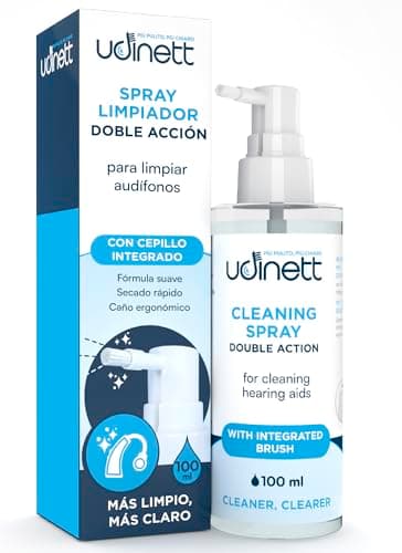 Spray Limpador para aparelhos auditivos e implantes cocleares com escova integrada Udinett Sanitizante 100 ml para limpar auriculares Bluetooth fórmula sem álcool elimina o erume e a sujidade