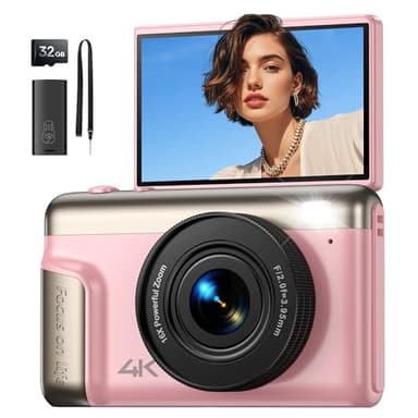 Câmara de fotos digital 4K compacta: 64 MP câmara digital com ecrã compatível Flip180° de 3" Vlogging câmaras fotográficas com 16X Zoom 32 GB cartão para crianças iniciantes adultos estudantes rosa