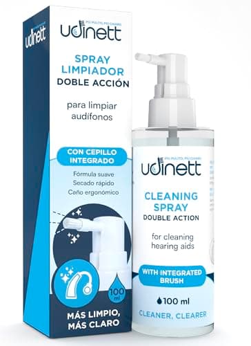 Spray Limpador para aparelhos auditivos com escova integrada Udinett 100 ml hidratante para limpar auriculares Bluetooth secagem rápida elimina o erume e a sujidade sem álcool
