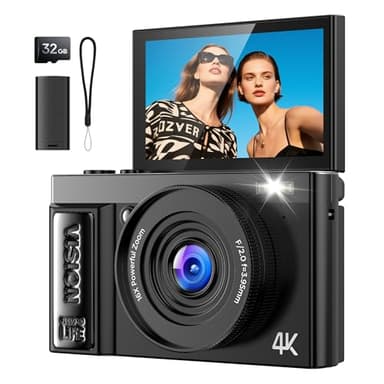 Câmara de fotos digital 4K profissional: Câmara digital com ecrã ajustável 180° - CAM compacto com 32G cartão - 16X Zoom câmara para iniciantes menina meninos rapaz adolescentes