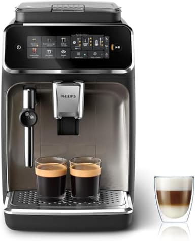 Philips Série 3300 Cafeteira super automática, espumador de leite clássico, 5 tipos de café, SilentBrew, moedor de cerâmica, ecrã tátil, cromo preto (EP3326/90)