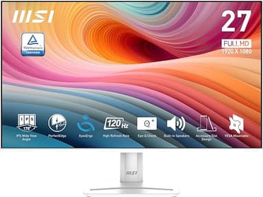 MSI Pro MP275W E2, monitor profissional FHD de 27 polegadas, painel IPS de 1920 x 1080, sem moldura nos 4 lados, taxa de atualização de 120 Hz, ecrã agradável à vista, inclinação ajustável