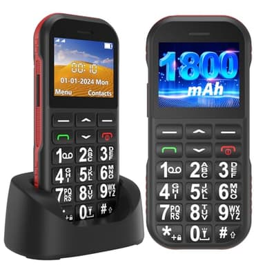 Ufferson Telefone móvel para idosos livre, gsm fácil de usar telemóvel básico com teclas grandes, bateria de 1800 mAh, suporta cartões SIM duplos, cabo USB tipo C, botão SOS, base do carregador