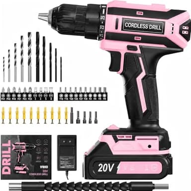 VIWKO Broca parafuso sem fios 20 V, broca parafuso bateria 42 Nm com 25 + 1 configurações de torque, luz LED, kit de 56 peças, chave de fenda elétrica para bricolage em casa e jardim, rosa