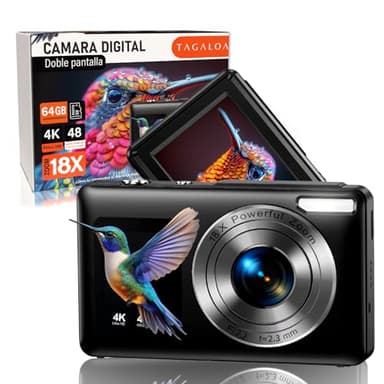 TAGALOA Super Pack câmara digital 4K de ecrã duplo com 48 MP cartão SD 64 GB bolsa de transporte | Zoom digital 18X | câmara de fotos | câmara digital com fotografia digital | câmara digital | câmara
