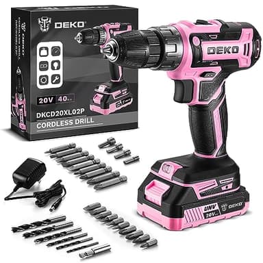 Broca sem fio, DEKOPRO 20 V Broca parafuso bateria com 1 bateria e carregador, 40 Nm, 2 velocidades e LED, adequado para bricolage em casa e jardim, rosa