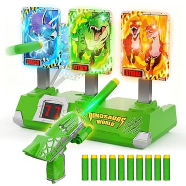 Dinossauros brinquedo criança 3-12 anos, alvo eletrónico com pistola luminosos automático reinicialização, jogos de jardim exterior crianças 4 5 6 7 8 9 11 anos presente menino 3-10 anos de aniversário brincos menino
