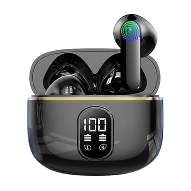 BOXSSROG Auriculares Bluetooth 5.3 sem fios, cancelamento de ruído ambiental através de 4 microfones, ecrã LED, HiFi, estéreo, 42 h, impermeável IP6, desportos, controlo tátil para iOS Android