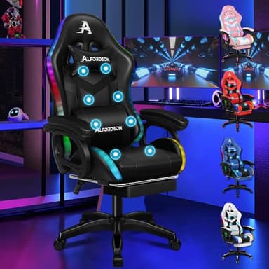 ALFORDSON Cadeira Gaming com LED RGB de 12 Cores e Massagem de 8 Pontos, Cadeira Gamer com Apoio para os Pés, Apoio de Cabeça e Almofada Lombar, Cadeira de Escritório Ergonômica, Couro PU, Preto