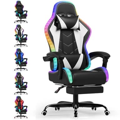 Devoko Cadeira de jogos com massajador e LED, cadeira de escritório ergonómica com apoio para os pés, cadeiras de jogos para escritório e jogos com iluminação RGB(branco)