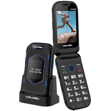 Volfen Ranger - Telefone robusto de tampa para idosos de ecrã duplo, botões e teclas grandes, fácil de usar, USB-C, 3 memórias diretas, base de carregamento