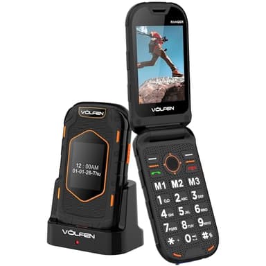 Volfen Ranger - Telefone robusto de tampa para idosos de ecrã duplo, botões e teclas grandes, fácil de usar, USB-C, 3 memórias diretas, base de carregamento, preto/amarelo