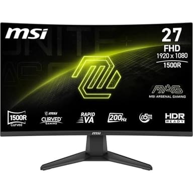 MSI mag 276CFA E20 Monitor de jogos FHD de 27", 1500R, 1920 x 1080, Rapid VA, 200 Hz, 0,5 ms, compatível com HDR, AMD FreeSync™ Premium, Eye-Care, visão AI, HDMI 2.5. 0B, DP 1,2 A, Frameless, preto
