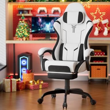 Soontrans Cadeira de jogos com massagem lombar cadeira Gamer com apoio para os pés retrátil e almofada cadeiras Gaming encosto inclinável até 135 graus capacidade de carga de 150 kg (branco)