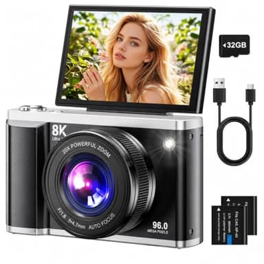 Câmara digital 8K 96MP com Wi-Fi, zoom digital 20X, câmara fotográfica com foco automático e estabilização anti-Shake, ecrã compatível de 3,5" de 180°, cartão SD de 32 GB e 2 baterias